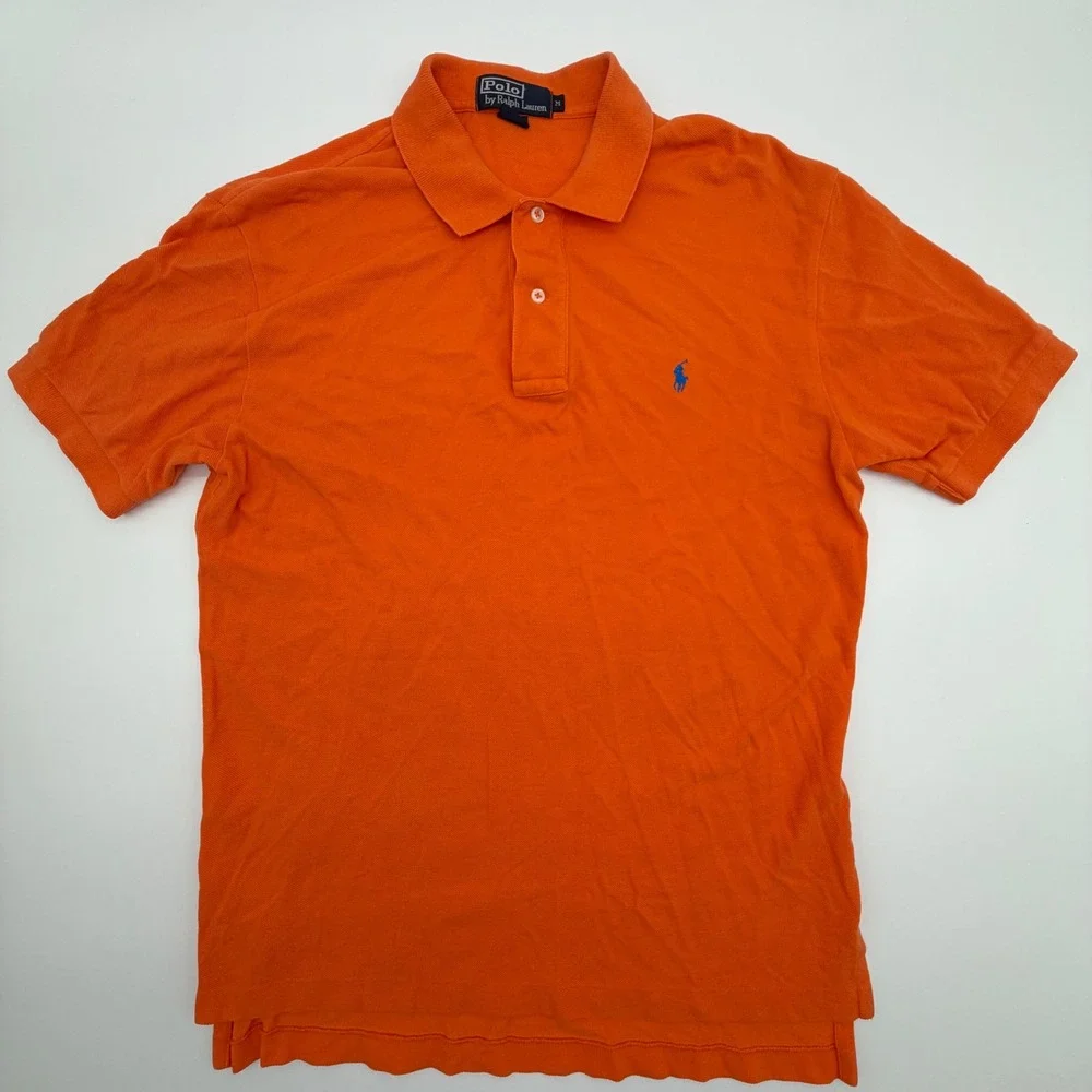 Polo Ralph‎ Lauren Mens Orange Pique Cotton Short Sleeve Polo Shirt Blue Pony M